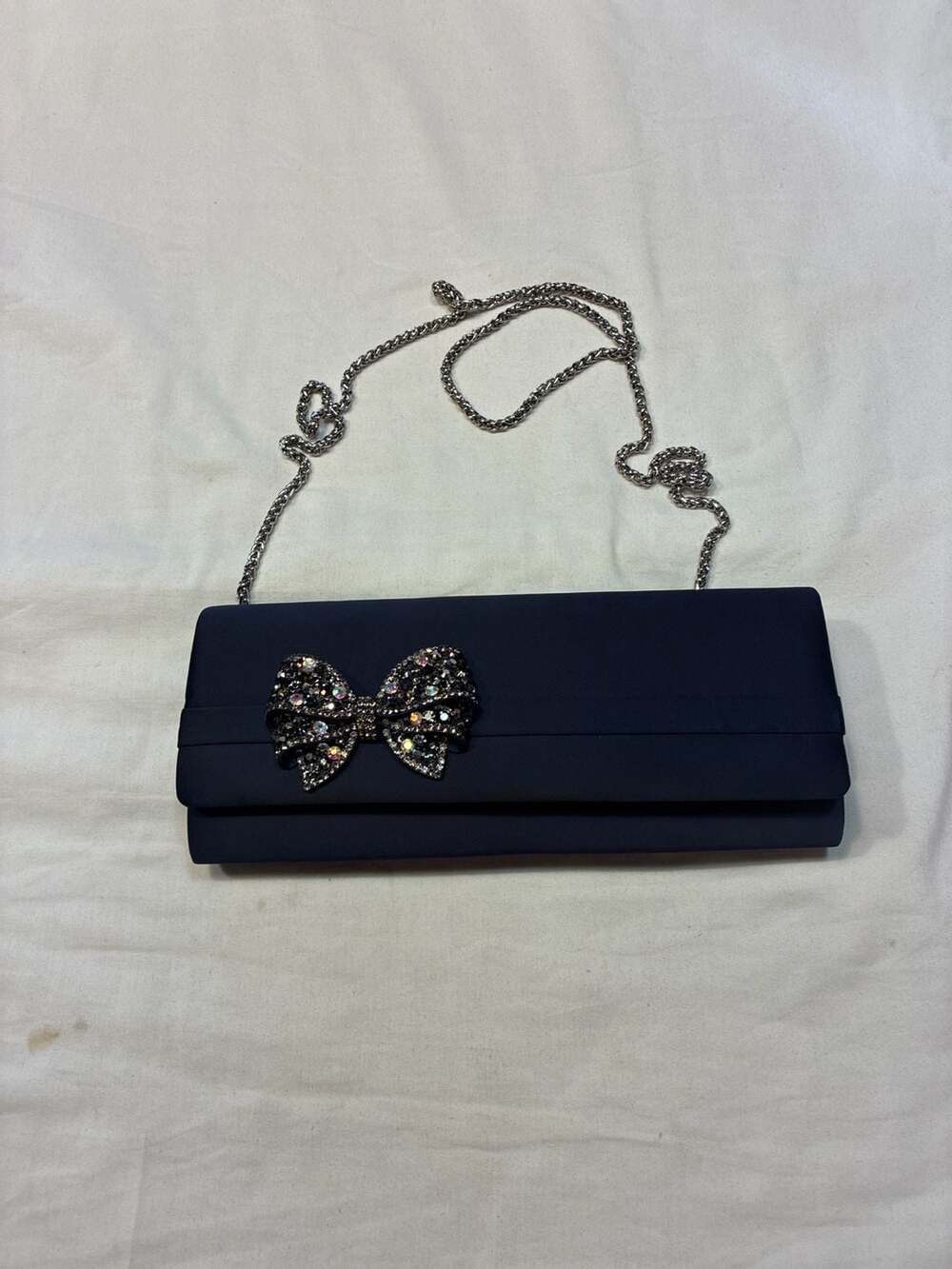 Adrianna Papell Navy Blue Satin Crystal Bow Evening Clutch Bag